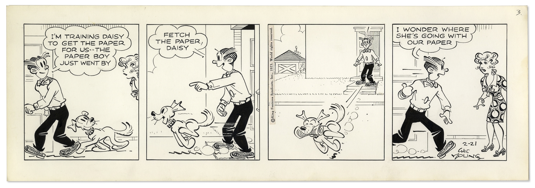 2 Chic Young Hand-Drawn ''Blondie'' Comic Strips From 1973 -- With Chic Young's Original Preliminary Artwork for Both