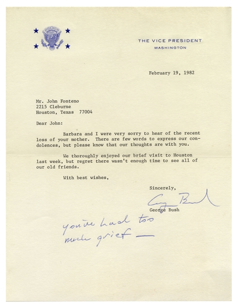 George H.W. Bush Letter Signed as Vice President, With Autograph Note Signed -- ''you've had too much grief''