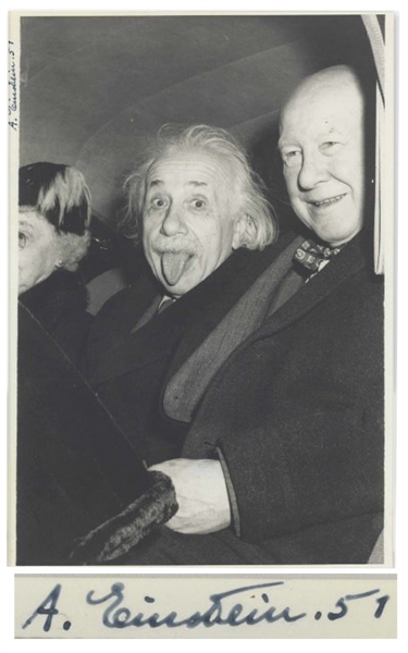 The Most Famous Photo of Albert Einstein, Playfully Sticking Out His Tongue -- Extraordinarily Rare as Signed by Einstein