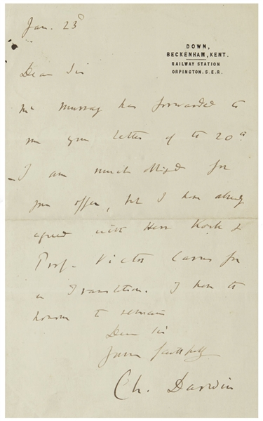 Charles Darwin Autograph Letter Signed -- Regarding the German Translation for His Works