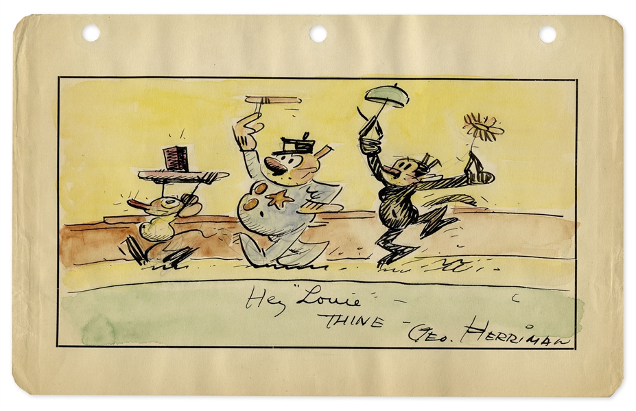 Krazy Kat Illustration by George Herriman -- Composed in Ink & Watercolor, Measuring 9.5'' x 6'' of Krazy Kat, Ignatz Mouse & Officer Bull Pupp