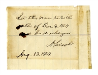 Abraham Lincoln Autograph Endorsement Signed as President -- Lincoln Mistakenly Dates the Proclamation of Amnesty as 8 December 1864