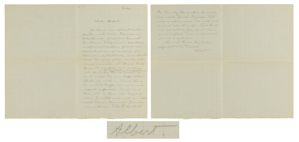 Albert Einstein Autograph Letter Signed -- Einstein Writes to His Closest Friend, Michele Besso, Offering Condolences to Besso's Family, Who Suffered a Tragic Death