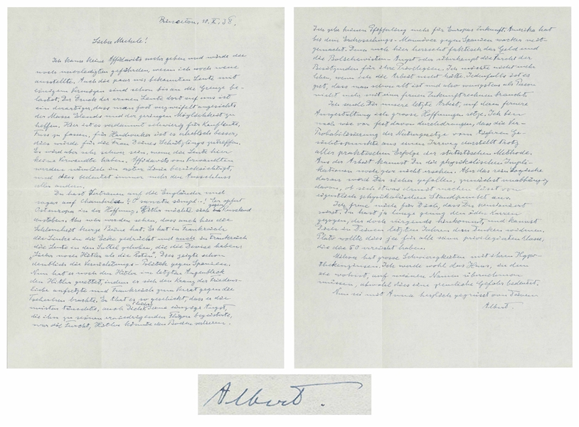 Science Auction Albert Einstein 1938 ALS Regarding Hitler: ''...Hoping that Hitler might let off steam...[Chamberlain] saved Hitler in the nick of time by crowning himself with the wreath of love of peace...''