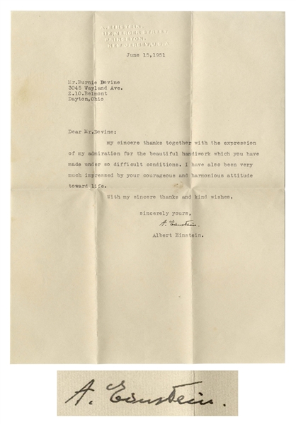 Albert Einstein Letter Signed -- ''...I have also been impressed by your courageous and harmonious attitude toward life...''