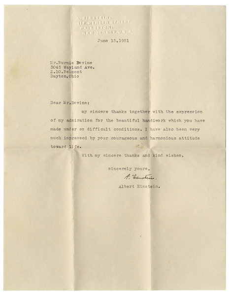 Albert Einstein Letter Signed -- ''...I have also been impressed by your courageous and harmonious attitude toward life...''