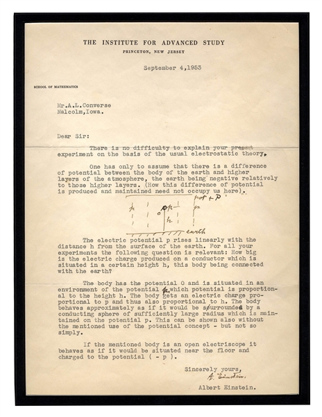 Remarkable Letter Signed by Albert Einstein, Along With His Initialed Drawings -- Explaining the Science Behind His Groundbreaking Work on Electrostatic Theory and Special Relativity