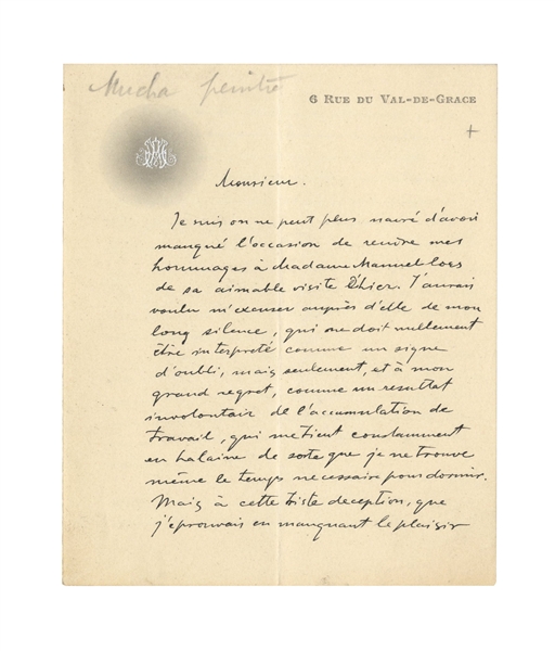 Art Nouveau Painter Alfons Mucha Autograph Letter Twice-Signed, Dated 20 December 1899, the Day ''Le Pater'' Was Published -- ''...the accumulation of work which keeps me so out of breath...''