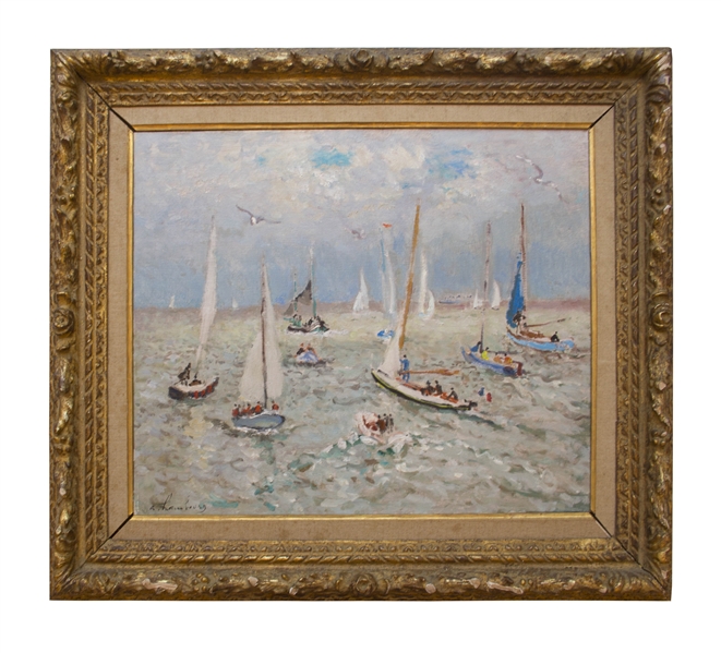 French Impressionist Andre Hambourg Painting Entitled ''Temps Doux Pour Les Yachts, Deauville''