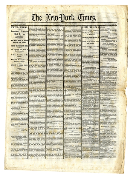 ''The New York Times'' From 15 April 1865 Announcing the Assassination of President Lincoln & the Unfolding Drama -- ''AWFUL EVENT. President Lincoln Shot by an Assassin.''