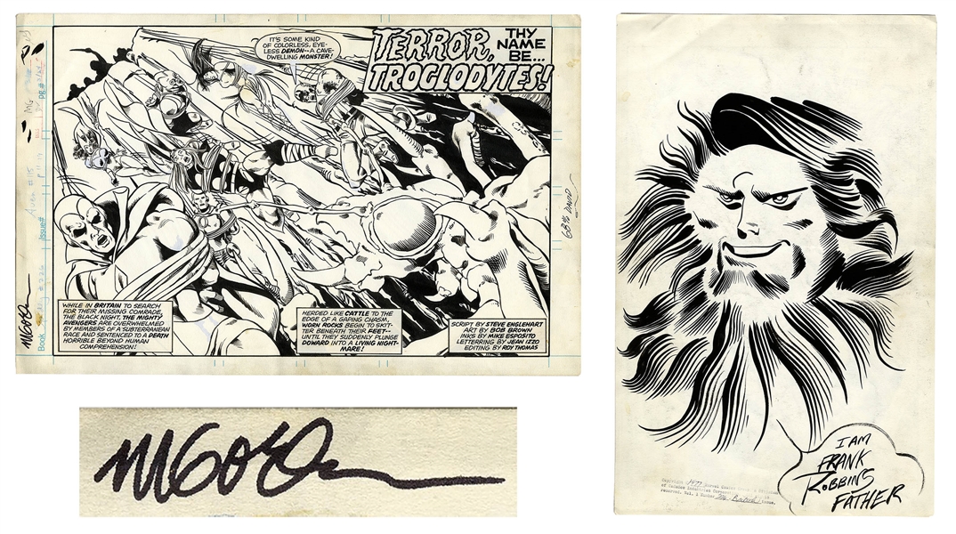 ''Avengers'' Original Art From 1977 Signed by the Artist Michael Golden -- Splash Page With Additional Large Sketch by Golden on Verso
