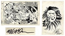 Avengers Original Art From 1977 Signed by the Artist Michael Golden -- Splash Page With Additional Large Sketch by Golden on Verso