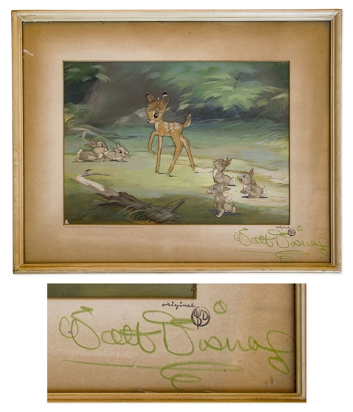 Walt Disney Signed ''Bambi'' Cel -- Featuring Bambi and Thumper, Along With Thumper's Four Bunnies