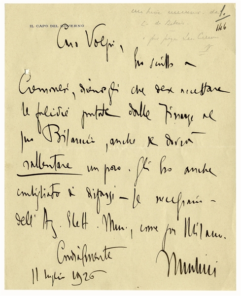 Benito Mussolini Autograph Letter Signed -- ''...I have also advised him to disentangle himself...''