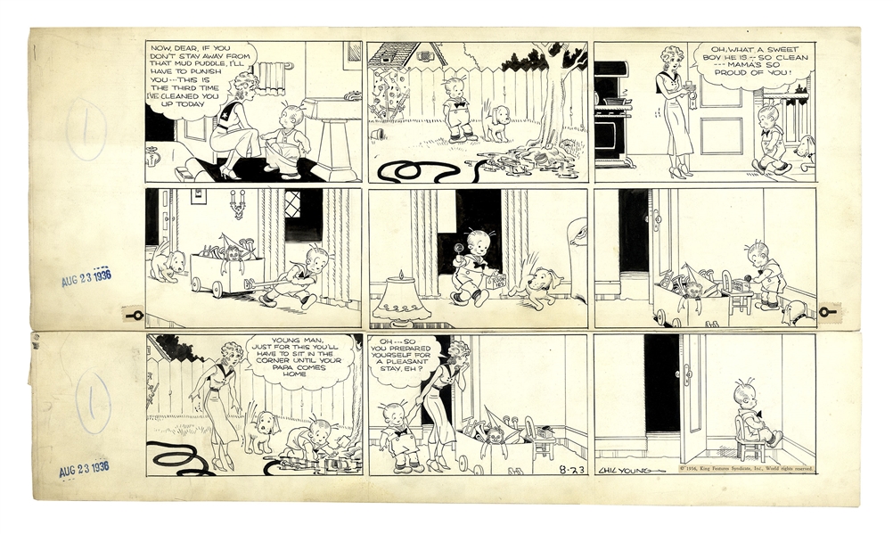 Chic Young Hand-Drawn ''Blondie'' Sunday Comic Strip From 1936 -- Baby Dumpling Cleverly Prepares to Disobey Blondie