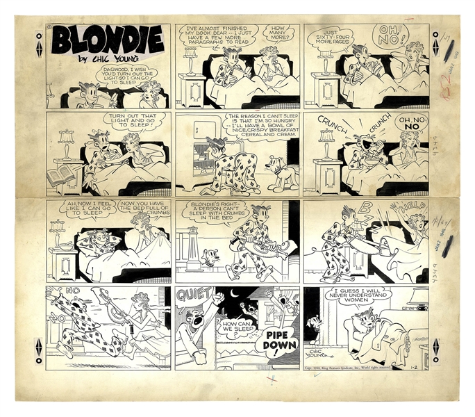 Chic Young Hand-Drawn ''Blondie'' Sunday Comic Strip From 1949 -- Dagwood Keeps Blondie Up All Night