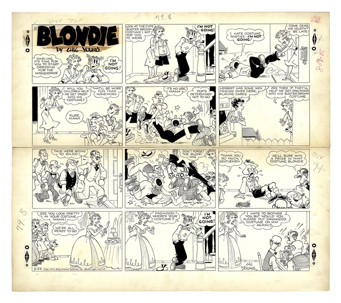 Chic Young Hand-Drawn ''Blondie'' Sunday Comic Strip From 1953 -- Dagwood Is Determined Not to Be Dressed Up in a Blond Wig for a Costume Party