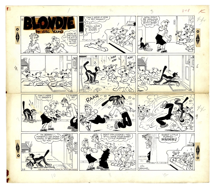 Chic Young Hand-Drawn ''Blondie'' Sunday Comic Strip From 1955 -- The Puppies Enlist Help to Keep a Kitten Out of the House