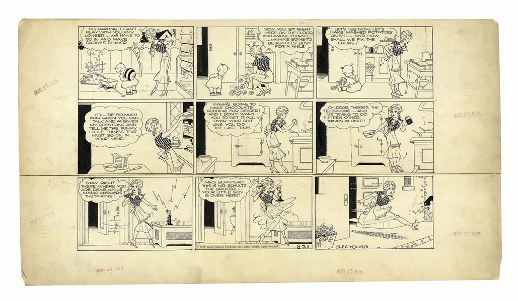 Chic Young Hand-Drawn ''Blondie'' Sunday Comic Strip From 1935 -- The Precocious Baby Dumpling Wanders Off