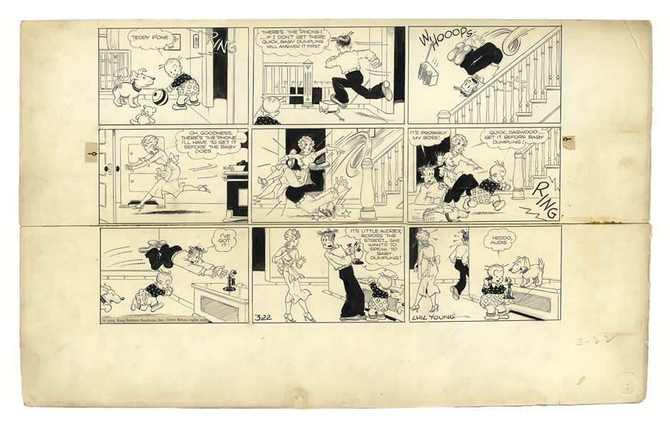 Chic Young Hand-Drawn ''Blondie'' Sunday Comic Strip From 1936 -- Baby Dumpling Wreaks Havoc
