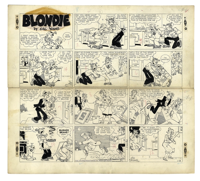 Chic Young Hand-Drawn ''Blondie'' Sunday Comic Strip From 1952 -- Mr. Dithers Has Marital Problems