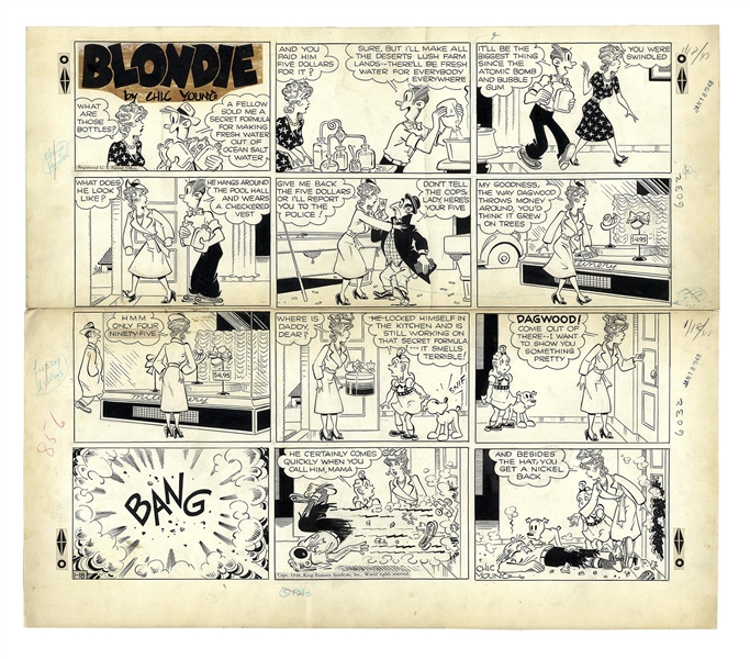 Chic Young Hand-Drawn ''Blondie'' Sunday Comic Strip From 1948 -- Dagwood Buys a Water Desalination Machine