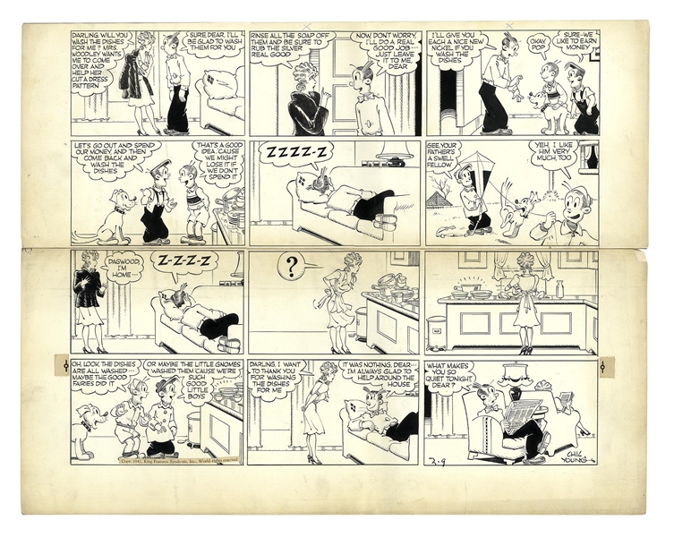 Chic Young Hand-Drawn ''Blondie'' Sunday Comic Strip From 1941 -- Dagwood Trades a Nap for Chores