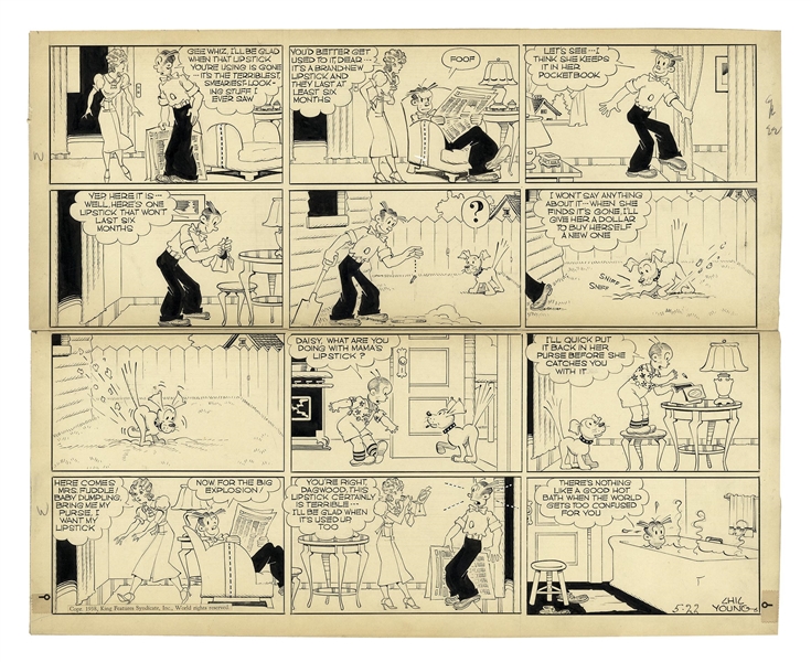 Chic Young Hand-Drawn ''Blondie'' Sunday Comic Strip From 1938 -- Dagwood Tries to Trick Blondie