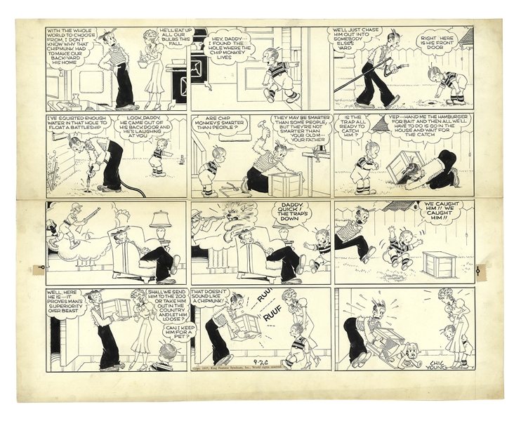 Chic Young Hand-Drawn ''Blondie'' Sunday Comic Strip From 1937 -- Dagwood Plots to Hunt a Pesky Chipmunk