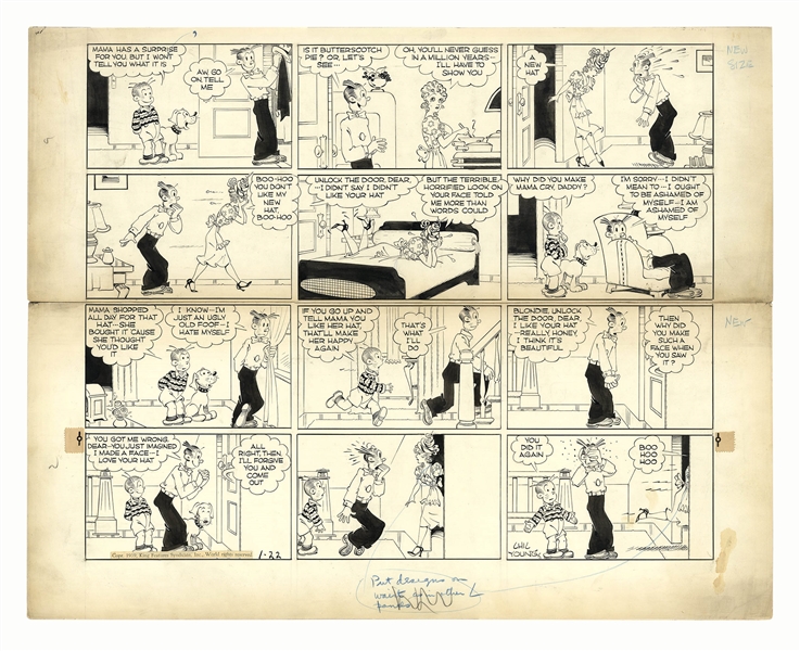 Chic Young Hand-Drawn ''Blondie'' Sunday Comic Strip From 1939 -- Dagwood Can't Force Himself to Like Blondie's Ridiculous New Hat