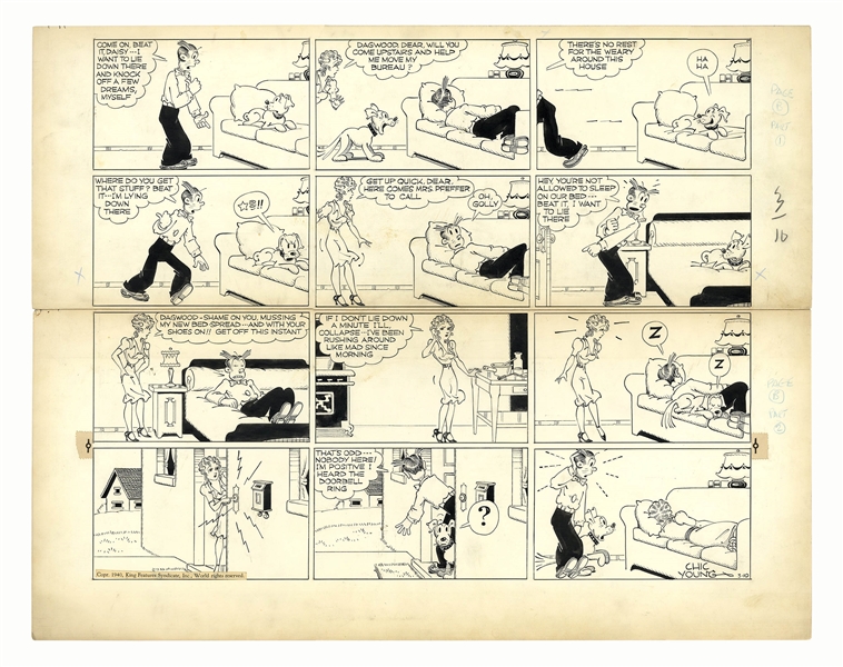 Chic Young Hand-Drawn ''Blondie'' Sunday Comic Strip From 1940 -- The Bumstead Clan Fight for a Comfortable Place to Sleep
