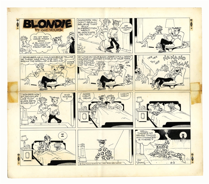 Chic Young Hand-Drawn ''Blondie'' Sunday Comic Strip From 1969 -- A Black Cat Crosses Dagwood's Path
