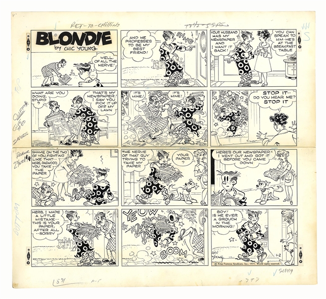 Chic Young Hand-Drawn ''Blondie'' Sunday Comic Strip From 1971 -- Dagwood & Herb Battle Over the Sunday Paper