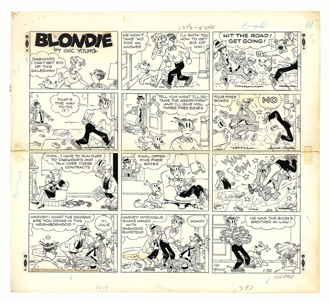 Chic Young Hand-Drawn ''Blondie'' Sunday Comic Strip From 1972 -- Dagwood Gets in a Fight With the Wrong Door to Door Salesman