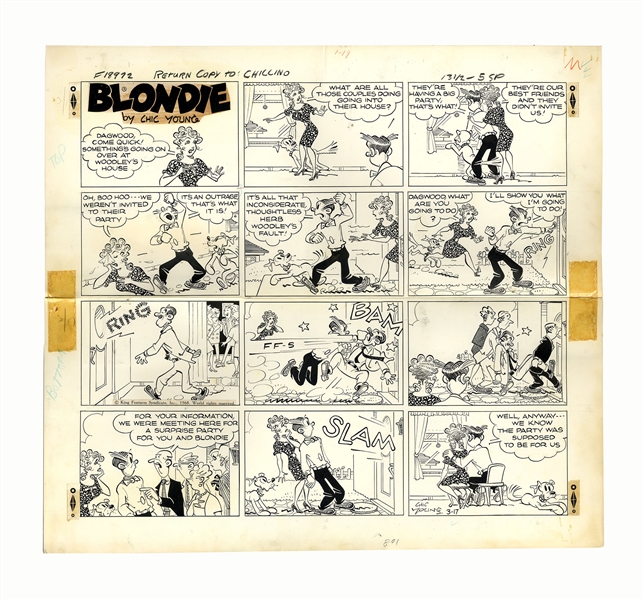 Chic Young Hand-Drawn ''Blondie'' Sunday Comic Strip From 1968 -- Dagwood & Blondie Ruin Their Surprise Party