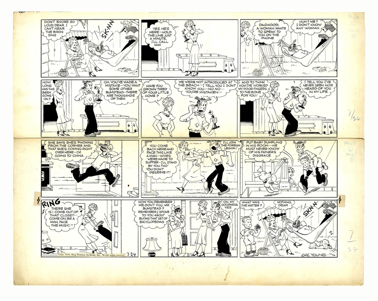 Chic Young Hand-Drawn ''Blondie'' Sunday Comic Strip From 1938 -- ''Another Woman'' Calls on Dagwood