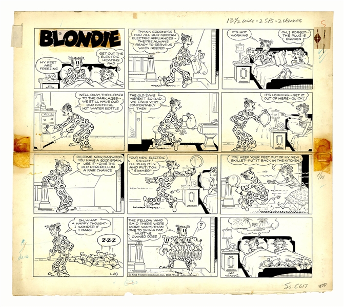Chic Young Hand-Drawn ''Blondie'' Sunday Comic Strip From 1962 -- Dagwood Puts the Puppies to Good Use