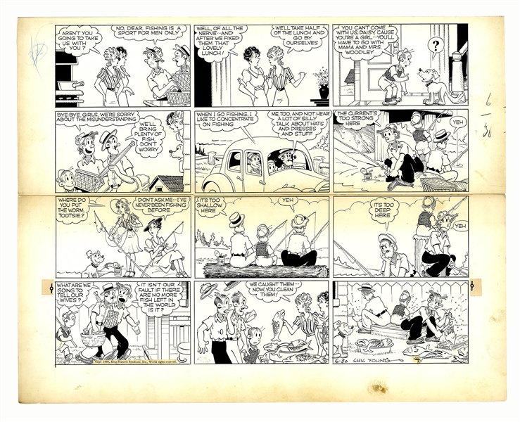 Chic Young Hand-Drawn ''Blondie'' Sunday Comic Strip From 1940 -- It's a Battle of the Sexes