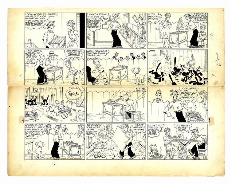 Chic Young Hand-Drawn ''Blondie'' Sunday Comic Strip From 1941 -- Dagwood's Steak Dinner Goes South