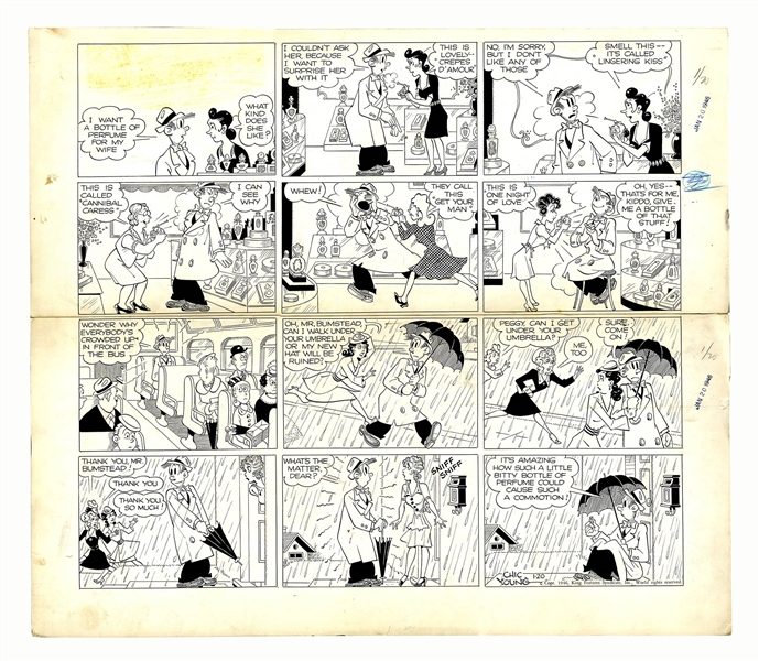 Chic Young Hand-Drawn ''Blondie'' Sunday Comic Strip From 1946 -- Dagwood Buys Perfume for Blondie