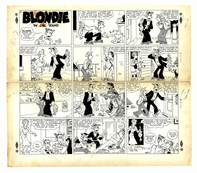 Chic Young Hand-Drawn ''Blondie'' Sunday Comic Strip From 1949 -- Dagwood & Alexander Try to Do the Right Thing