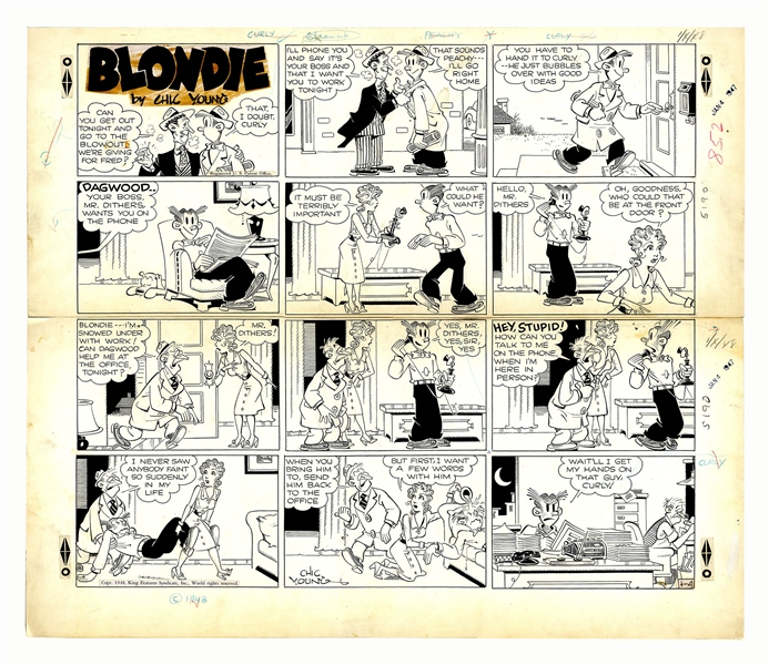 Chic Young Hand-Drawn ''Blondie'' Sunday Comic Strip From 1948 -- Dagwood Gets Caught Red-Handed