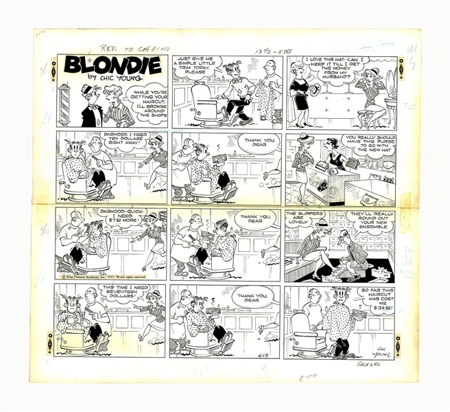 Chic Young Hand-Drawn ''Blondie'' Sunday Comic Strip From 1971 -- Blondie Goes Shopping & Dagwood Goes Broke
