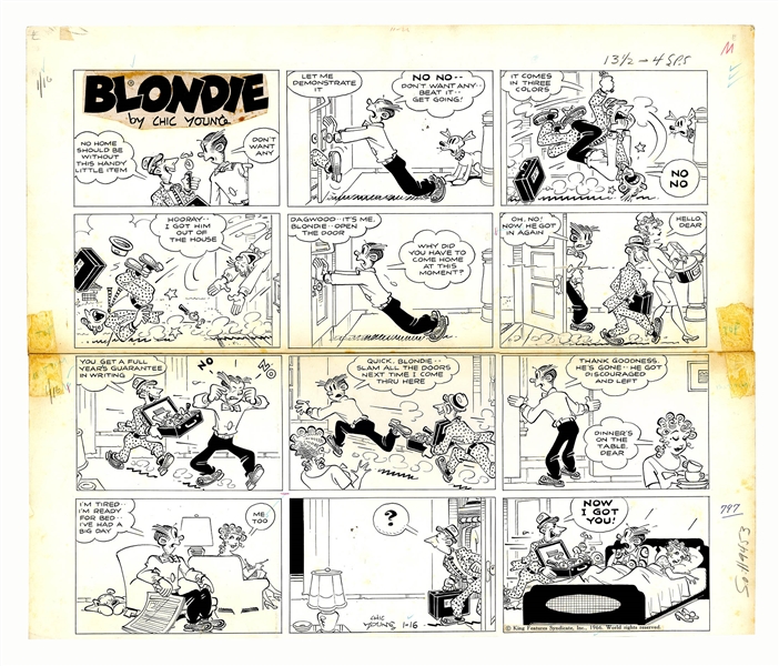 Chic Young Hand-Drawn ''Blondie'' Sunday Comic Strip From 1966 -- Dagwood Tries to Get Rid of a Pesky Salesman
