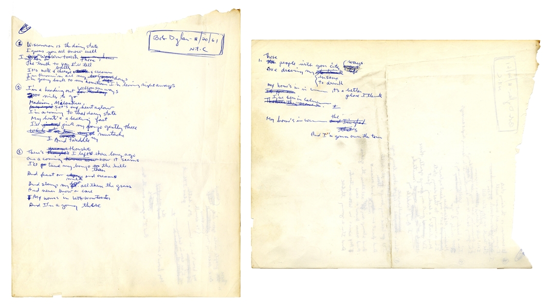 Original, Signed Handwritten Lyrics by Bob Dylan From November 1961 -- Draft Song About Wisconsin, Where Dylan Spent Summers as a Youth -- With Roger Epperson COA