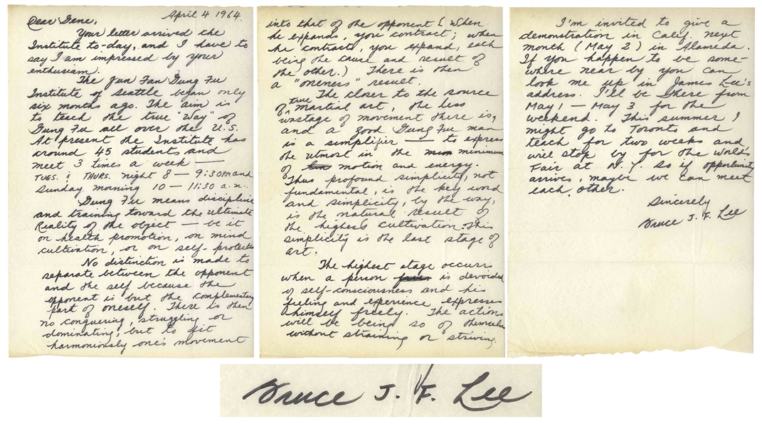 Fantastic Bruce Lee Autograph Letter Signed on Gung Fu Discipline, Harmonious Movements, Health, Mind, No Wasted Movements, Oneness, Self-Consciousness, Self Defense, Simplicity & Training