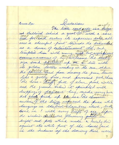 Bruce Lee Signed & Handwritten Essay From High School -- …the pure white hangings in the little bed chambers above beckons, Come in!… -- Among Earliest Examples of Lee's Writing