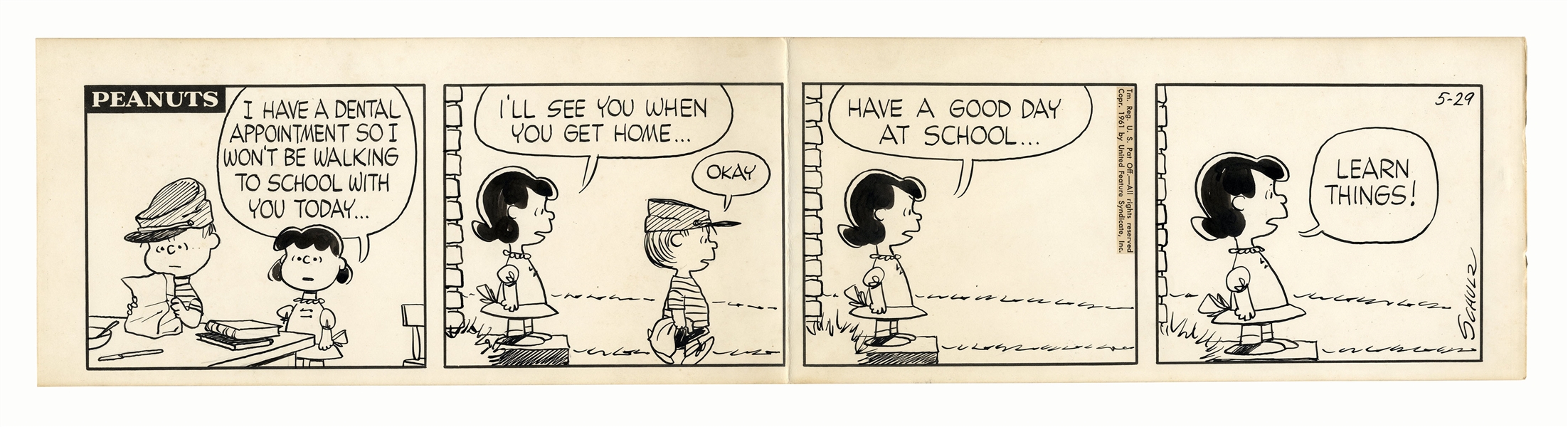 Charles Schulz Hand-Drawn Comic Strip From October 1961 -- Lucy Tells Her Brother Linus to ''LEARN THINGS!'' as He Leaves for School