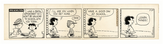 Charles Schulz Hand-Drawn Comic Strip From October 1961 -- Lucy Tells Her Brother Linus to LEARN THINGS! as He Leaves for School