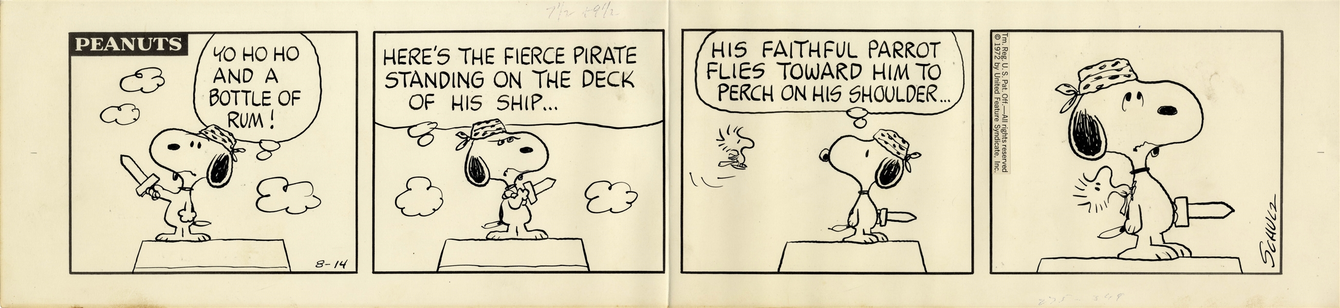 Snoopy Plays Pirate With Woodstock Helping in This 1972 Charles Schulz Hand-Drawn ''Peanuts'' Strip